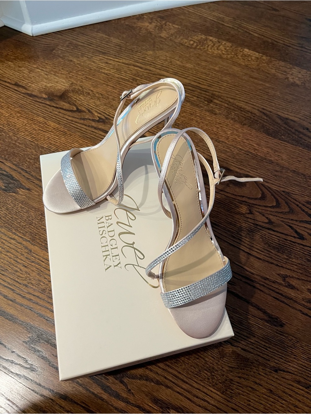 Jewel Badgley Mischka Blush Satin Sandals with Crystal Straps